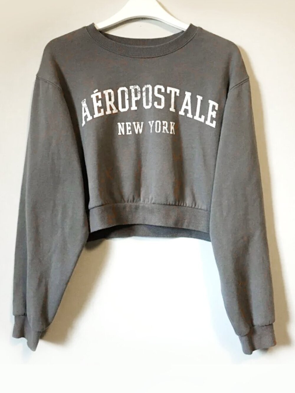 Retro Soft Grey Preppy Cropped Varsity Pullover Sweater Fleece Size S